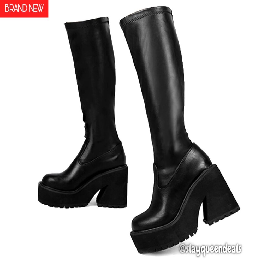 Knee High Platform Chunky Heel Boots, Elastic Leather, Zipper & Lace, 4.33 Inch
